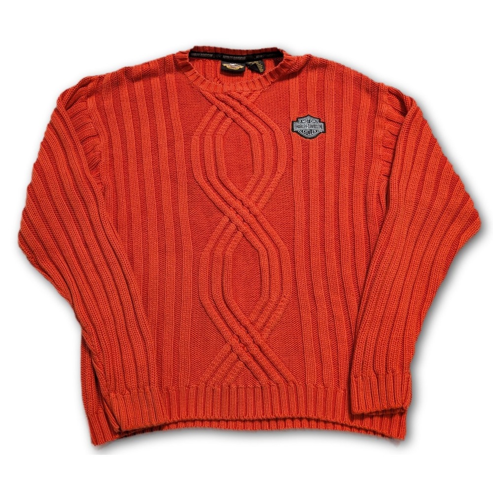 Harley-Davidson Mens 2XL Sweater Orange Cable Knit 100% Cotton Regular